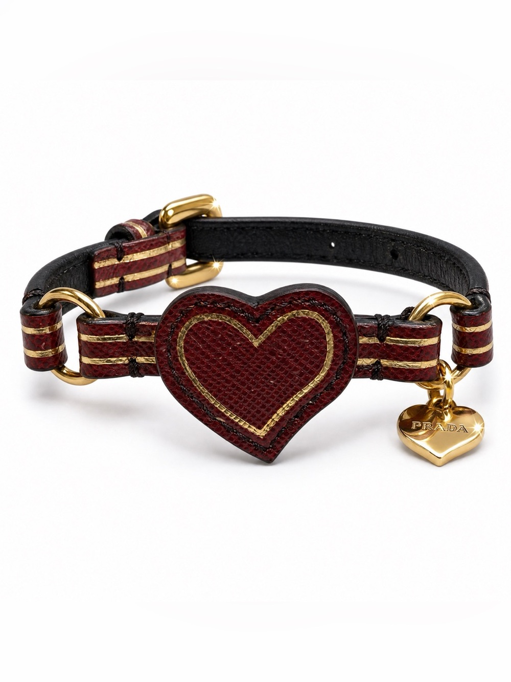 Authentic Rare Prada Red Heart Leather Bracelet with Gold Accents